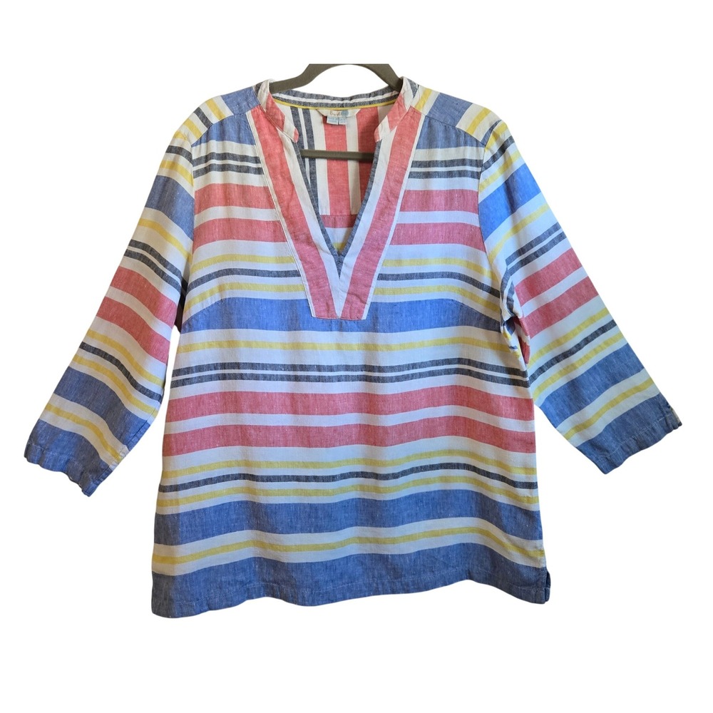 Boden Womens Sz 16 Lagenlook 100% Linen Striped Tunic Top Blue Red Yellow V-Neck
